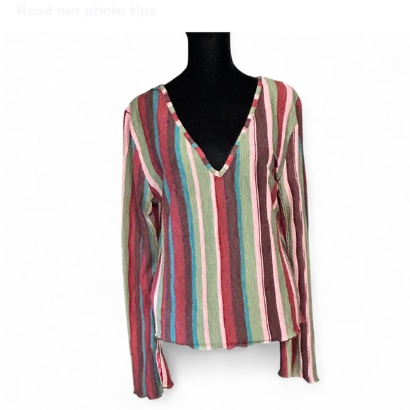 Cider Tops - CIDER multi-coloured striped long sleeve top with V-neck and bell sleeves XL